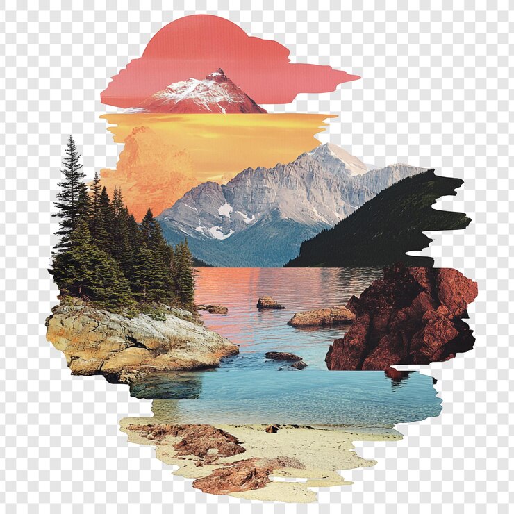 PSD gratuito majestic mountain lake sunset collage (collage del tramonto del lago majestic)