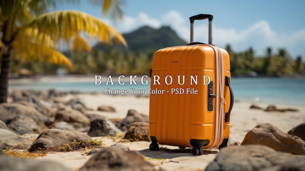 PSD gratuito maleta naranja en la playa de arena en los trópicos concepto de viaje