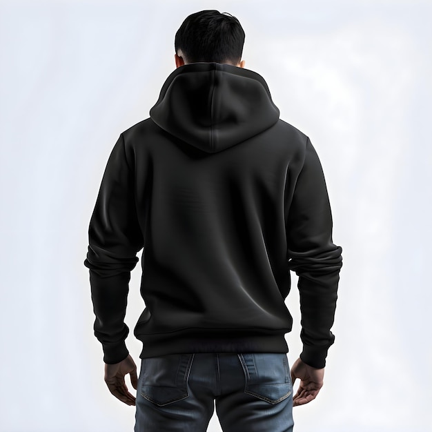 Man in een zwarte hoodie op een witte achtergrond