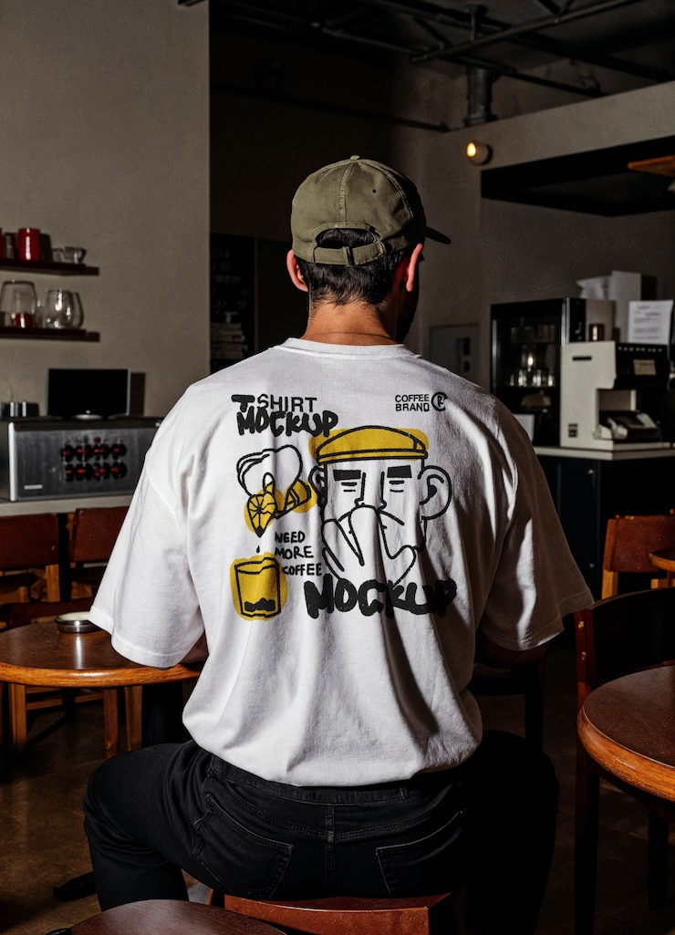 Gratis PSD man in wit t-shirt zit in een café