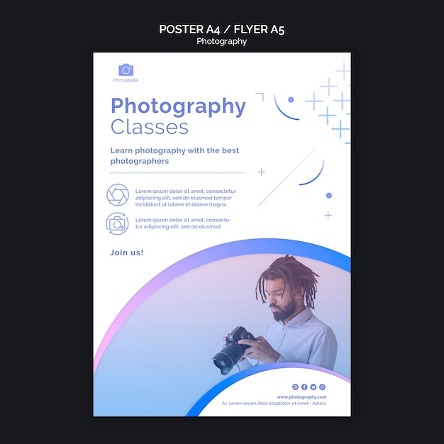 Gratis PSD man met moderne camera flyer afdruksjabloon