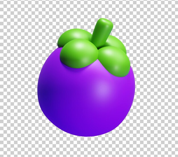 Mangosteen púrpura jugoso con hoja verde en una divertida ilustración 3D al estilo de dibujos animados