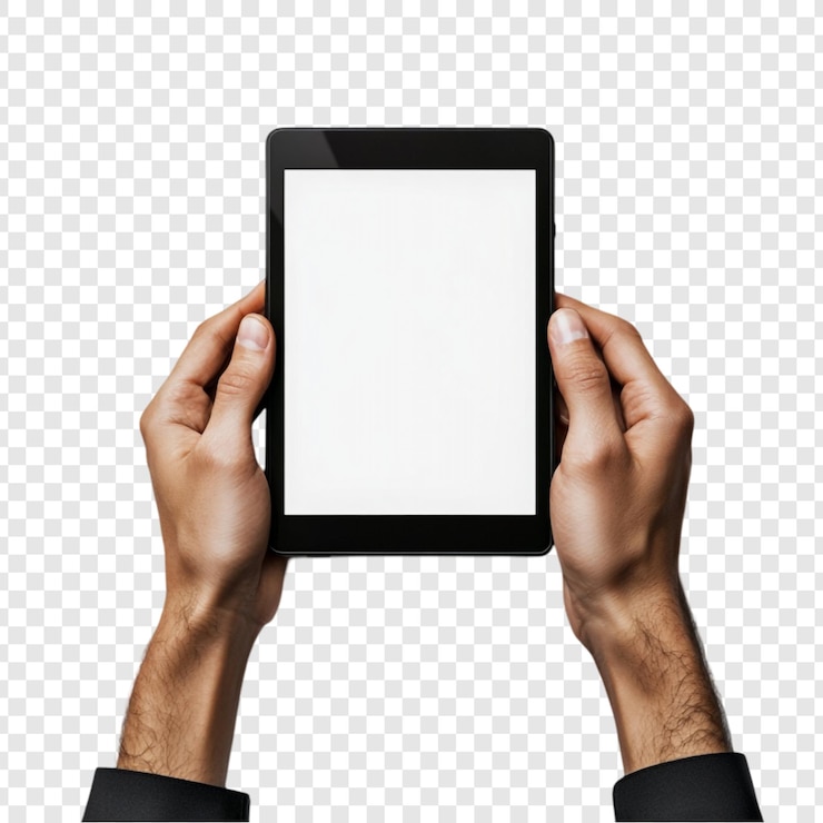 PSD gratuito mani che tengono un tablet con un modello di schermo vuoto per la presentazione dell'app