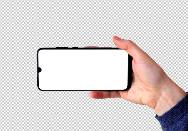 Mano derecha aislada sosteniendo smartphone