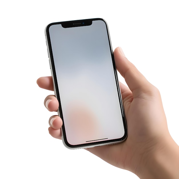 mano femenina sosteniendo un teléfono inteligente moderno con pantalla en blanco aislado en fondo blanco