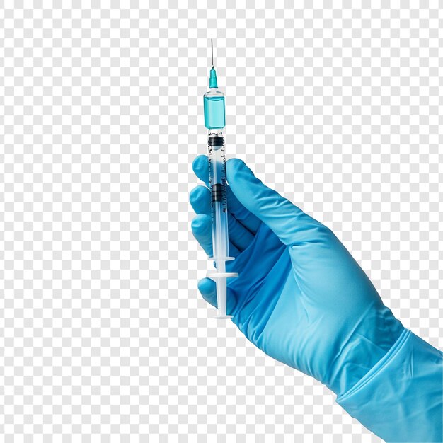 La mano con guantes sostiene la jeringa con la medicación
