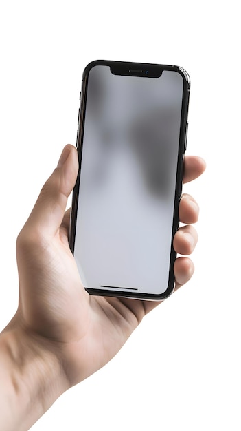 Mano masculina sosteniendo un teléfono inteligente negro con pantalla en blanco aislado en fondo blanco