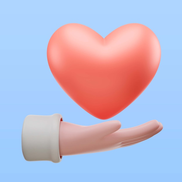 Mano que sostiene el icono del símbolo del corazón en la representación 3d