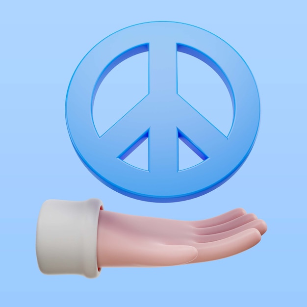 Mano que sostiene el icono del símbolo de paz en la representación 3d
