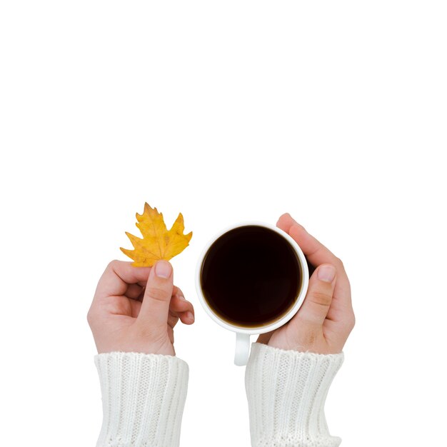 La mano sosteniendo el follaje de otoño y el café