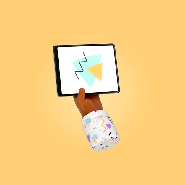 Mano sujetando una tableta con un diseño abstracto colorido