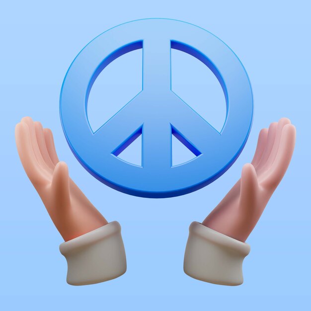 Manos sosteniendo el icono del símbolo de paz en la representación 3d