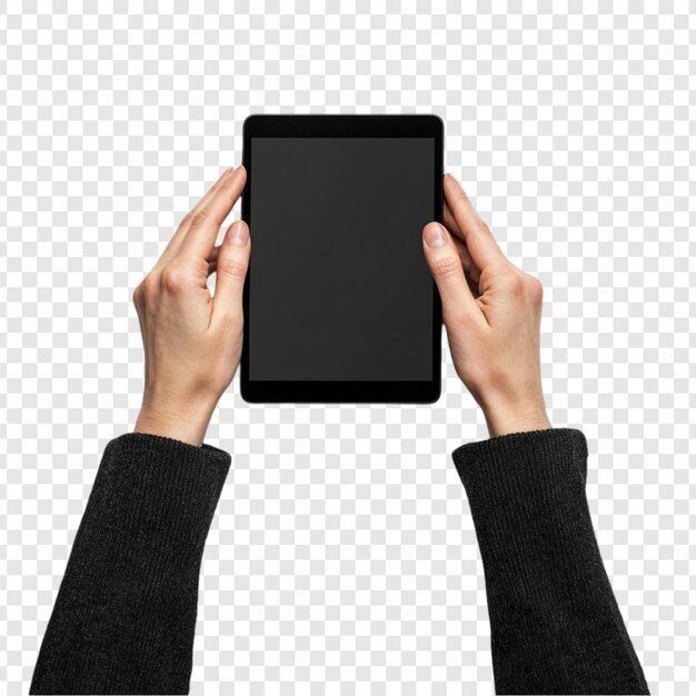 Manos sosteniendo una pantalla en blanco de una tableta negra