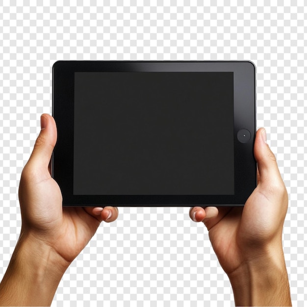 Manos sosteniendo una pantalla de dispositivo de tecnología de tableta negra
