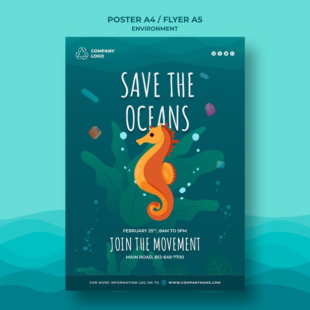 Mantieni il modello di poster pulito sull'oceano con cavalluccio marino