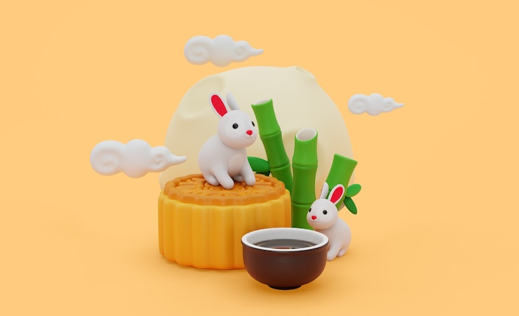 PSD gratuito maqueta 3d para el festival del medio otoño con una variedad de elementos
