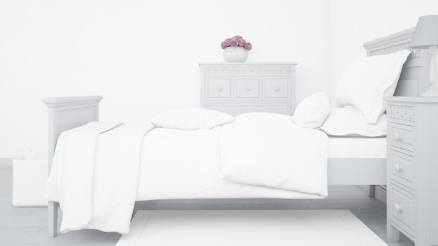 Maqueta de cama individual moderna en habitación luminosa