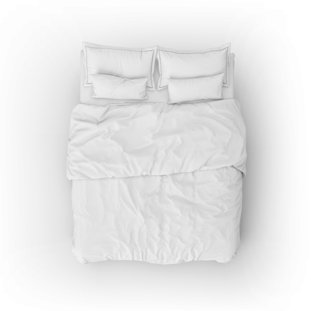 Maqueta de cama con sábanas y almohadas blancas