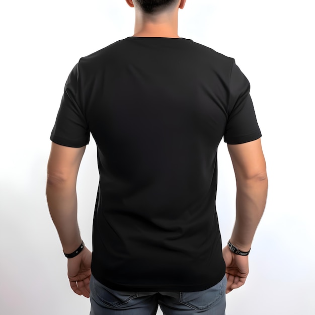 Maqueta de camiseta negra masculina aislada en fondo blanco con camino de recorte