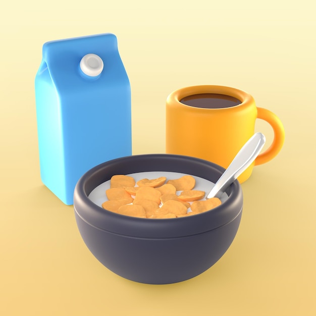 Maqueta de comida de desayuno con cereales y leche.