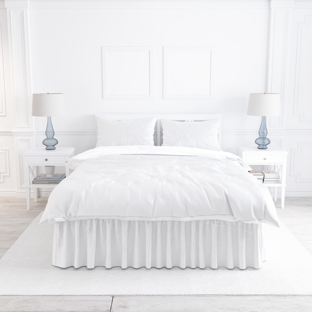 Maqueta de dormitorio blanco con elementos decorativos.