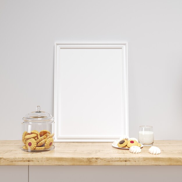 Maqueta de marco blanco sobre una encimera de cocina con deliciosas galletas