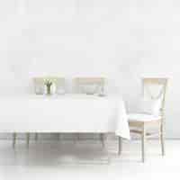 PSD gratuito maqueta de mesa de comedor con tela blanca y sillas de madera.
