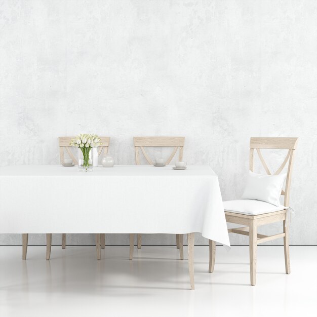 Maqueta de mesa de comedor con tela blanca y sillas de madera.