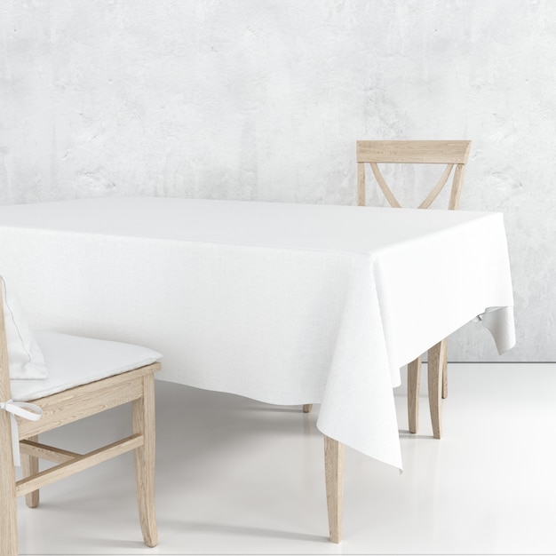 Maqueta de mesa de comedor vacía con tela blanca y sillas de madera