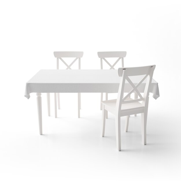 Maqueta de mesa de comedor vacía con tela blanca y sillas modernas