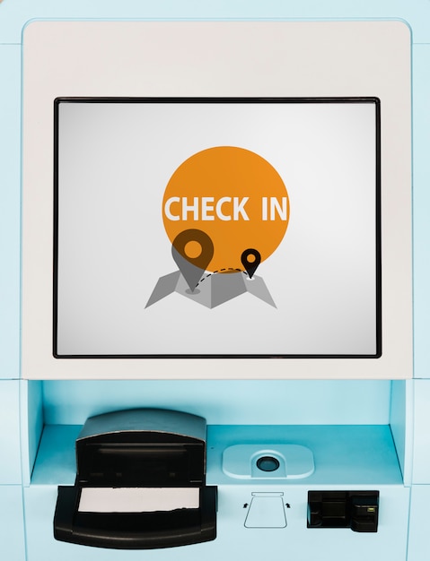 PSD gratuito maqueta de pantalla de quiosco de check-in de vuelo azul