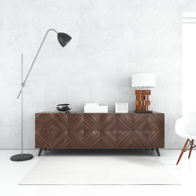 PSD gratuito maqueta de pared blanca en blanco con mesa de madera y lámparas