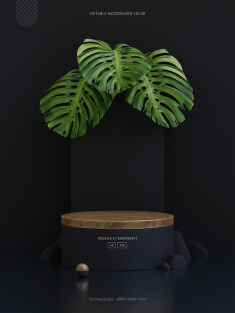 PSD gratuito maqueta de podio de madera para presentación de productos decorada con hojas de monstera 3d rendering