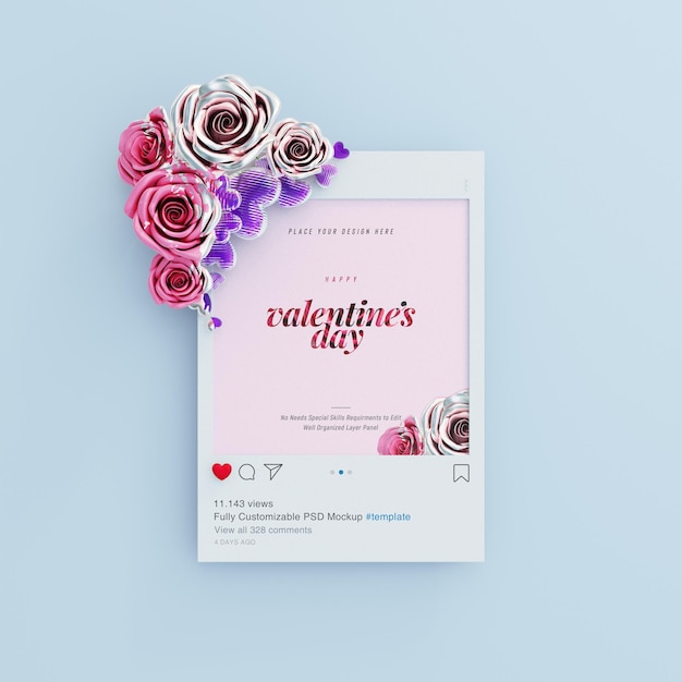 Maqueta de publicación de instagram con vibraciones de san valentín decoradas con lindas rosas y corazones de amor