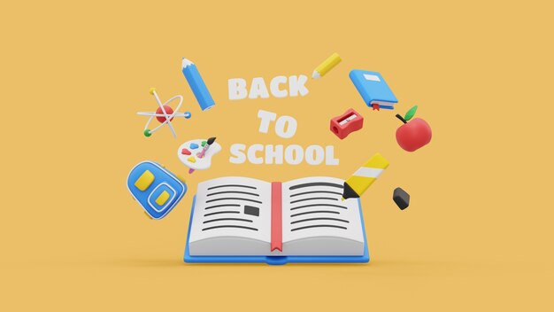 Maqueta de regreso a la escuela con útiles escolares de renderizado 3d
