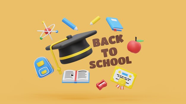 Maqueta de regreso a la escuela con útiles escolares de renderizado 3d