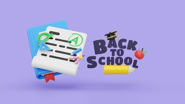 PSD gratuito maqueta de regreso a la escuela con útiles escolares de renderizado 3d