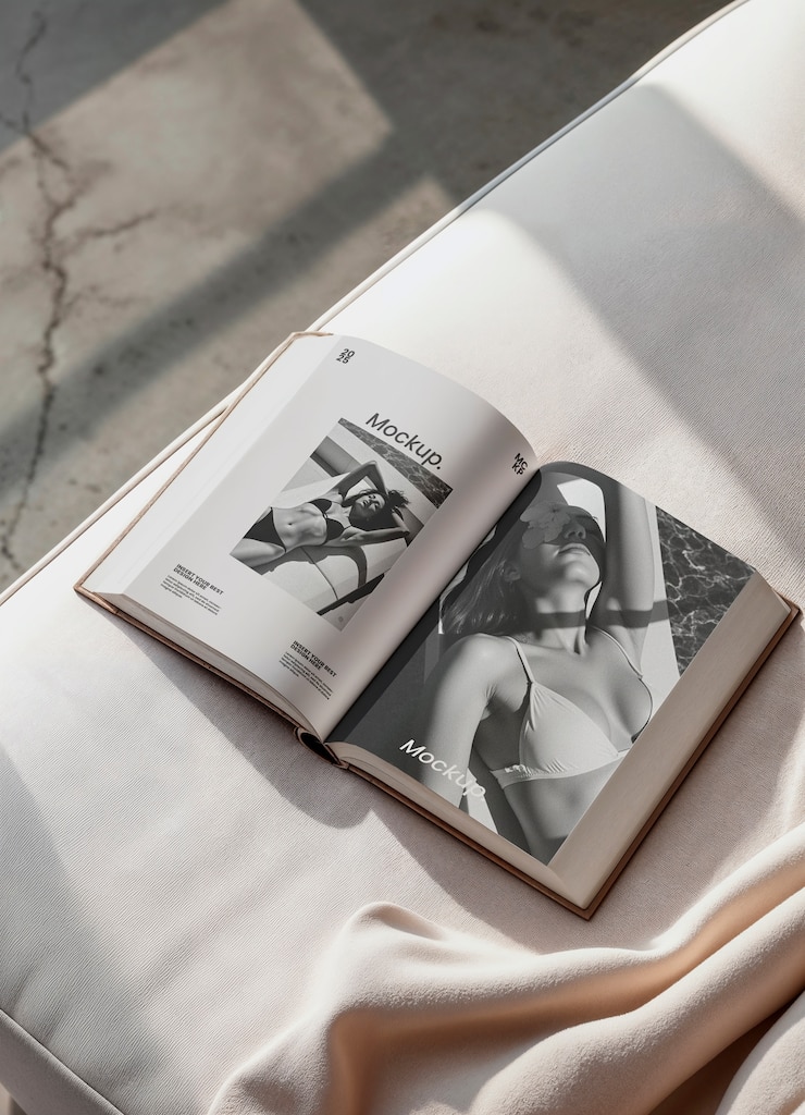 PSD gratuito maqueta de una revista con fotos de bikini femenino