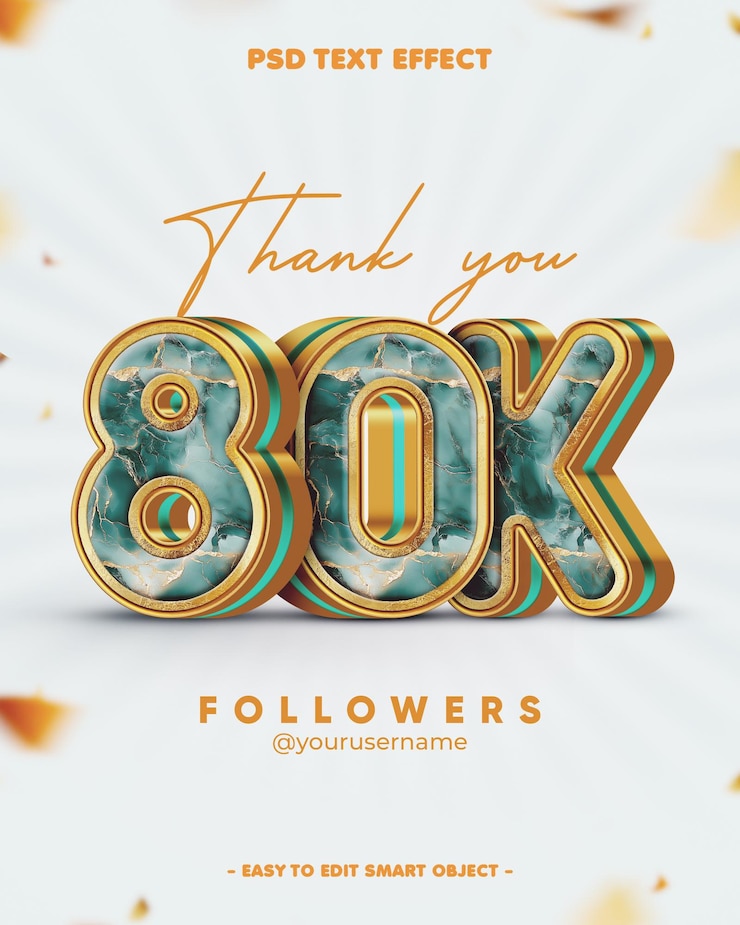 PSD gratuito marble texture grazie 80k follower effetto di testo modificabile