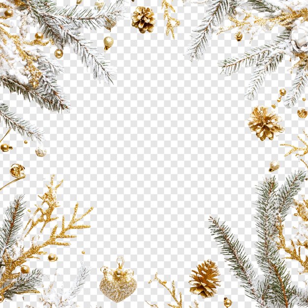 Marco de Navidad dorado Fondo festivo con ramas de pino Ornamentos y piñas