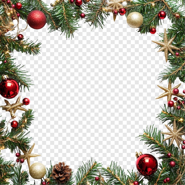 Marco navideño festivo con adornos y ramas de pino