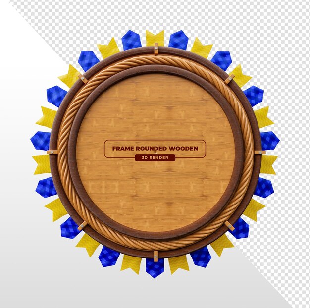 Marco redondo de madera con cuerda y cinta renderizado en 3D