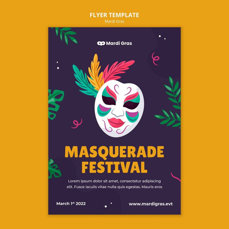 Gratis PSD mardi gras festival flyer met masker
