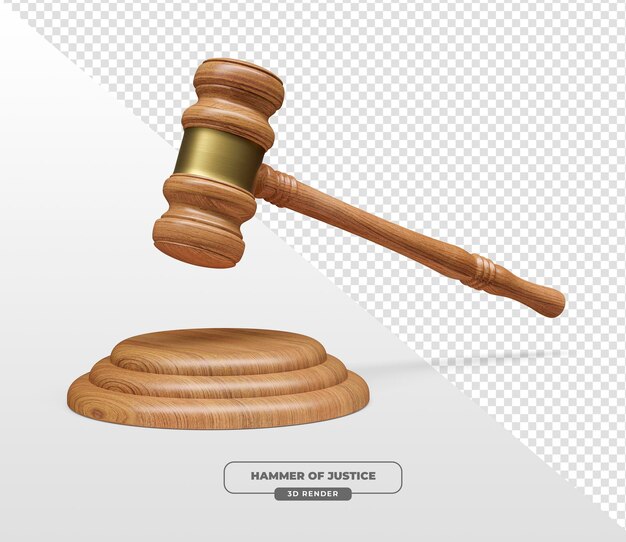 Martillo de madera y bloque de sonido Símbolo de justicia y ley en renderización 3D