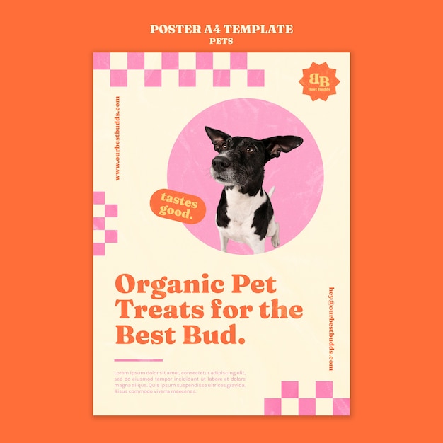 PSD gratuito mascota orgánica trata plantilla de póster vertical con lindo perro