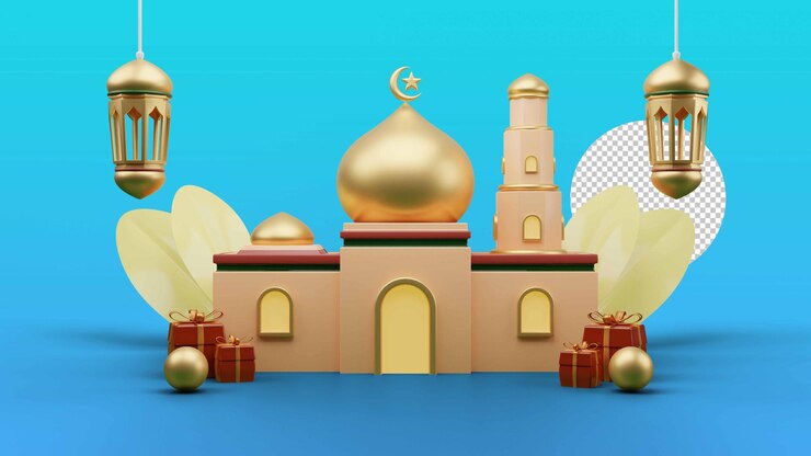 PSD Gratis masjid dan lentera ramadhan 3d