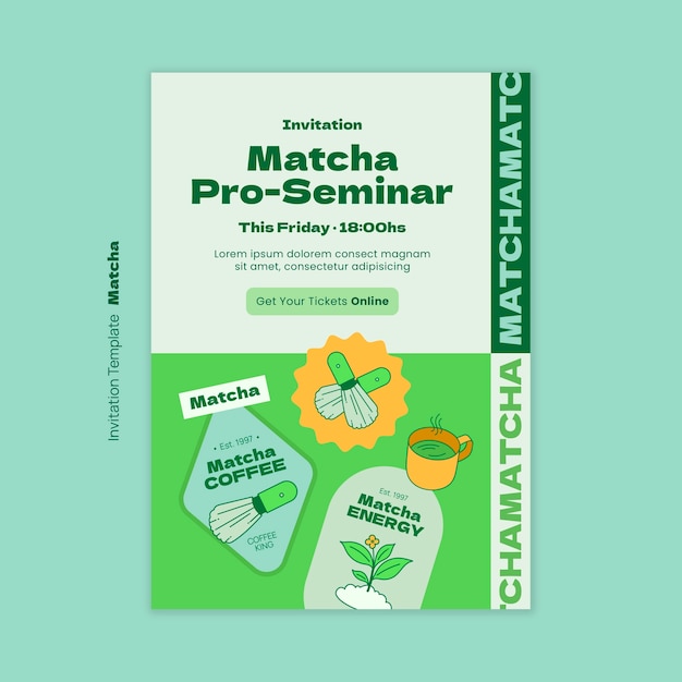 Gratis PSD matcha thee drankje uitnodigingssjabloon.