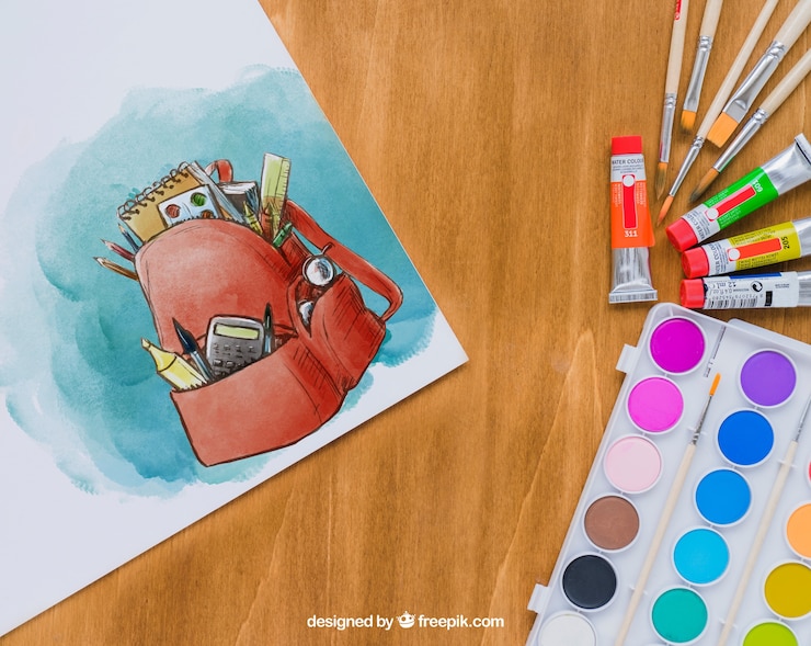 PSD gratuito materiales para clase de arte con dibujo en acuarela