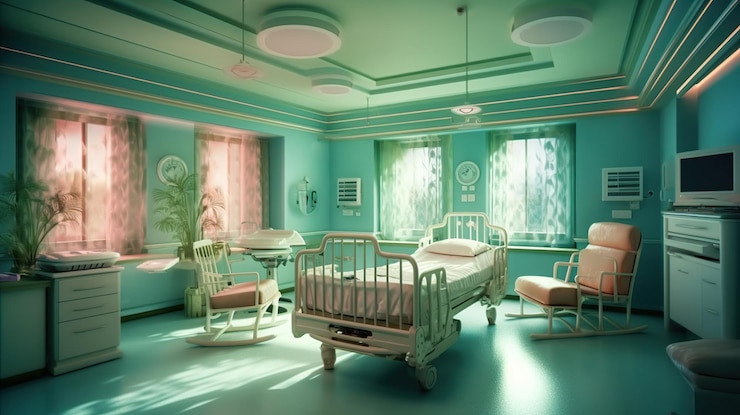 PSD Gratis maternity room in hospital and empty cribs generative ai