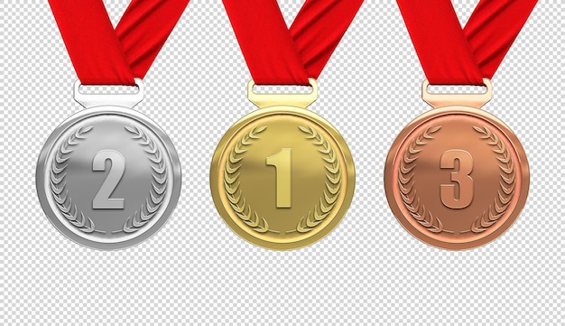 Medallas de premio, medallas de oro, plata y bronce sobre fondo transparente